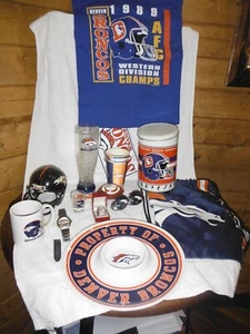 Denver Broncos Watch Helmet Cup Glass Football Bag Can 1989 Tshirt Ring Plate - Picture 1 of 12