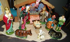 Vintage Sears 15-teiliges beleuchtetes Spieluhr Krippe Set Pappmaché handbemalt Japan - Bild 1 von 10