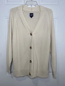 Gap Textured Boyfriend Cardigan Sweater Women's Medium Beige Ivory Button Cotton - Picture 1 of 8