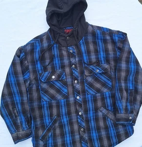 Fivebrother giacca flanella con cappuccio bottoni a pressione blu e nero piccolo strappo taglia L - Foto 1 di 11
