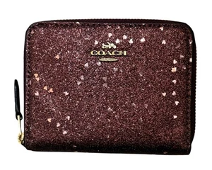 Coach Glitter Zip Around Wallet Burgundy Sparkle Heart Small Leather Card Case - Bild 1 von 12