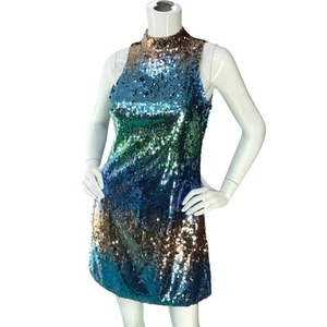 Aidan Mattox Womens Size 2 Dress Sequin Ombre Halter Mock Neck Mini Shift - Picture 1 of 17