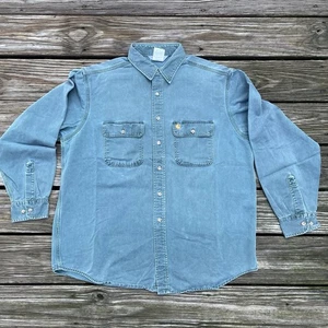 VTG Carhartt Rugged Outdoor Wear Denim Green Shirt XL   Union USA Made - Picture 1 of 6