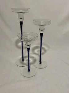 3-Pc Candlestick Cobalt Blue Art Glass Romanian 12"-10" & 8" - Picture 1 of 6
