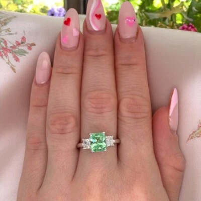 14k White Gold Wedding Ring 2.98 Ct Lab Created Diamond Radiant Cut Green Garnet - Image 1 of 4