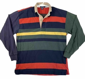 VTG Nautica Striped Color Block LS Pullover Polo Rugby Shirt Men's Size Large - Picture 1 of 11