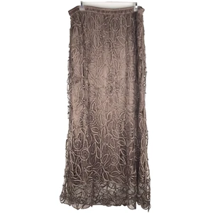 SOULMATES Silk Maxi Skirt Battenberg Lace Beaded Brown Lined Pull On Sz 2X FLAW - Picture 1 of 16