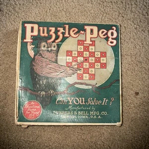Antique 1920's Lubbers & Bell MFG Co. Puzzle Peg Game Owl Graphic Box Complete - Picture 1 of 9