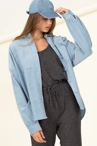 Double Zero Women's Corduroy Button-Down Shacket Jacket in Blue - Picture 1 of 5