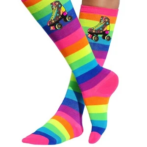 Girls Socks Rainbow Stripe Knee High Stockings Kids Skating Party Roller Skates - Picture 1 of 4