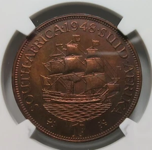 SUD AFRICA Britain PROOF 1 Penny 1948 NGC PF 64 RB UNC Re Giorgio Lucentezza Rossa - Foto 1 di 8