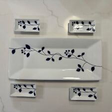 Crate & Barrel Sushi Set Blue and White Porcelain Vintage 5-pieces Hana Flower