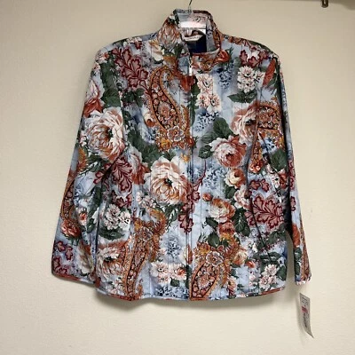 Allison Daley Women's 14 Orange Blue Floral Quilted Jacket Lightweight Zip - Image 1 of 4