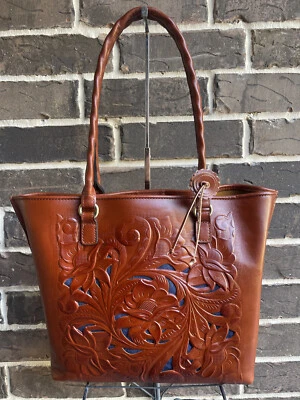 NWT Patricia Nash Adeline Leather Tote Western Cutout Tooled Whiskey Brown - Image 1 of 4