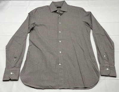 Camisa Ermenegildo Zegna Para Hombres 39 15.5 Vestido Cuadros Guinga Manga Larga Marrón Blanco Foto 1 de 4