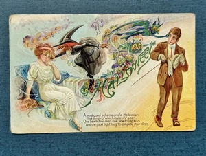 Seltene Dame Hexe & Kobolde Halloween Fantasy Vintage Postkarte Nash H-12 - Bild 1 von 6