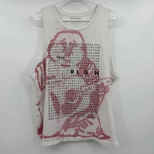 True Religion Tank Top Men Large White Red Buddha Kanji Sleeveless Lightweight - Picture 1 of 11
