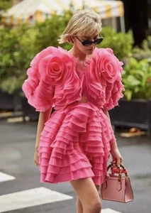 Aje AU 10 Amour Pink Petal Ruffle Mini Dress & Puff Sleeve Cut Out Midi Ivory - Picture 1 of 13