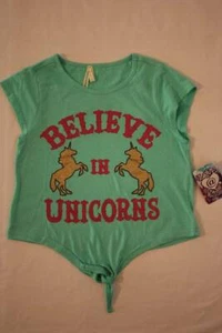 NEW Girls T-Shirt Size XL 14 - 16 Green Short Sleeve Top Believe in Unicorns - Picture 1 of 2