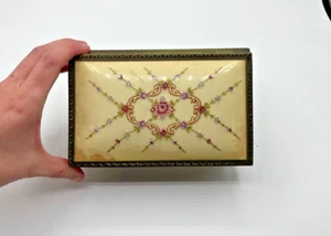 Vintage Trinket Box with Embroidered lid enclosed in glass 6x3.75" - Picture 1 of 8