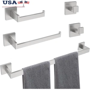 5-Piece Wall Mounted Bathroom Hardware Set Towel Bar Hooks Toilet Paper Holder - Picture 1 of 8