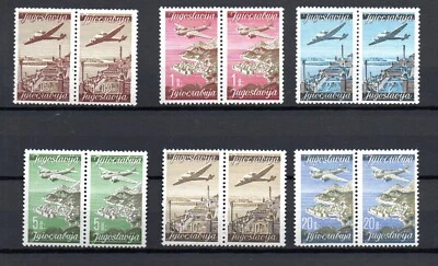 Yugoslavia 1947 set airmail stamps (Michel 515/20 I/II in pairs) MNH - Image 1 of 2