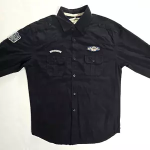 Point Zero Shirt Y2K Vintage Mens Medium Roll Tab Sleeve Patch Black Button Up - Picture 1 of 22