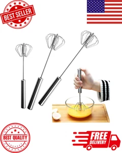 3 Pack Stainless Steel Egg Whisk, Hand Push Rotary Whisk Blender, Versatile Easy - Picture 1 of 24