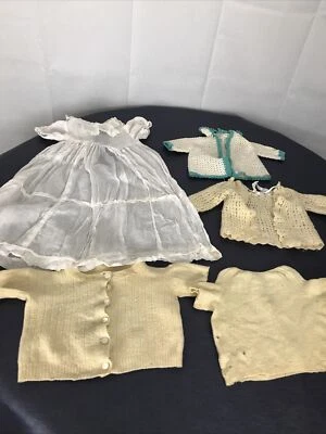 Lot of 5 Antique Wool Baby Sweaters Crochet Jacket Gauze Gown Hand Made Craft - Image 1 of 4