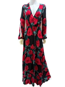 Lulus Strike A Rose Women’s Medium Black Floral Long Sleeve Maxi Dress *READ* - Picture 1 of 10
