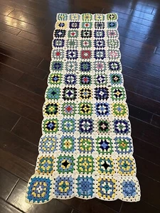 VTG Multicolor Handmade Cottage Core Granny Square Crochet 74x26 Runner Throw - Picture 1 of 14