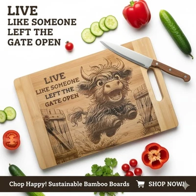 highland cow fun Engraved Bamboo Chopping Board gift idea homedecor kitchenware  - Image 1 of 4