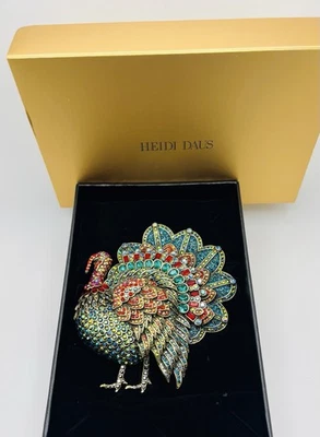 New HEIDI DAUS "Trixie Turkey" Large Blue, Jet, Siam AB Crystal Pin Thanksgiving - Image 1 of 4