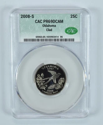 2008-S Washington State Quarter Oklahoma CLAD PR69 DCAM CAC CACg *0342 - Image 1 of 4
