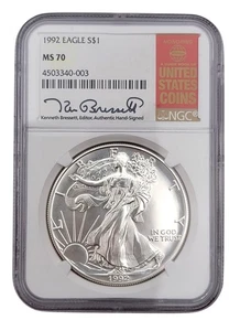 1992 American Silver Eagle Bullion Coin MS 70 Business Strike NGC Certified - Picture 1 of 4