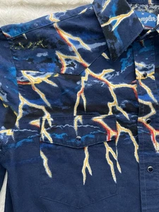 Vintage 90s Wrangler Western Shirt Medium Lightning Cowboy Pearl Snap - Picture 1 of 7