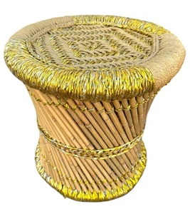Vintage gold verzierter Jute & Bleistift Schilf Hocker oder Beistelltisch Getränke - Bild 1 von 6