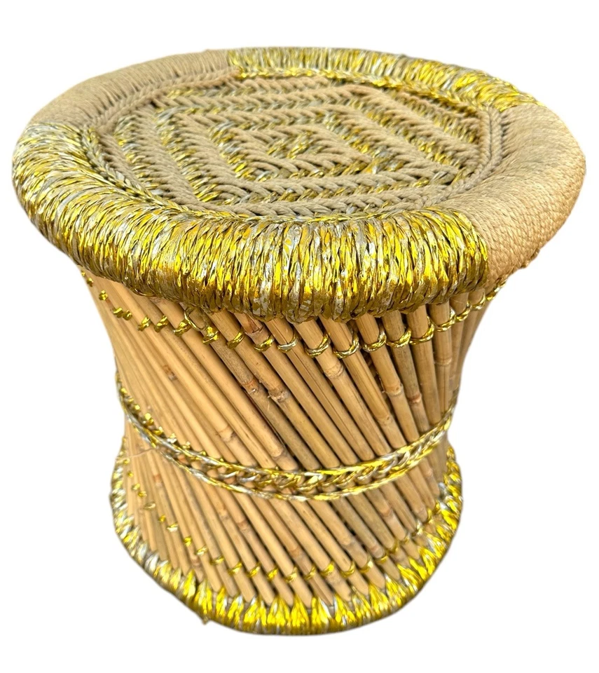 Vintage Gold Embellished Jute & Pencil Reed Stool or Side Drinks Table - Image 1 of 4