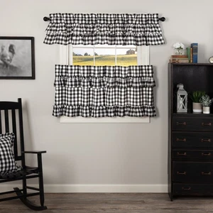 VHC Brands Annie Buffalo Black Ruffled Set (1 Valance 16x72 ; 2 Tier 24x36) - Picture 1 of 8