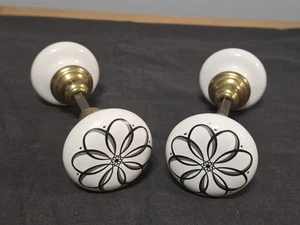 2 Sets Vintage Porcelain White Doorknobs W/ Black Flowers - Picture 1 of 9