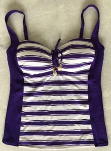 La Blanca 8 Tankini Swim Top Purple White Stripe Lace Up Bead Sand Dollar Charms - Picture 1 of 10