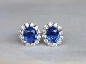Pendiente de diamantes de zafiro azul natural de corte ovalado de 4,60 quilates de oro blanco real de 14 quilates - Imagen 1 de 8