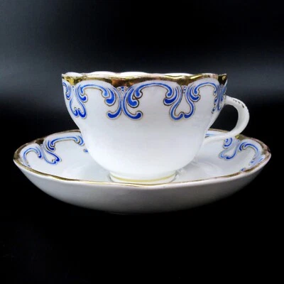KPM Berlin Porcelain Coffee Cup + Saucer 1849-1870 Hand Painted Blue/Gold - Image 1 of 4