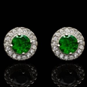 1Ct Emerald Round CZ Halo Stud Earrings 14K White Gold - Picture 1 of 3