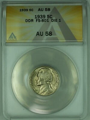 1939 Jefferson Nickel Double Die 5C ANACS AU 58 (51) - Image 1 of 2