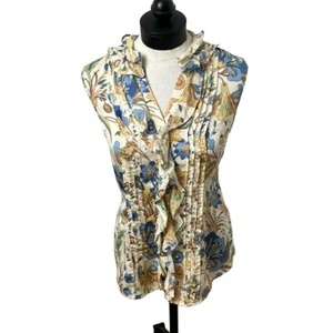 Talbots Silk Blue Floral Print Button Down Collared Neck Ruffled Front Blouse 8 - Picture 1 of 9