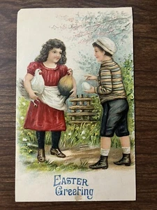 Boy & Girl w/ Chickens & Egg Easter Greetings Postcard ~ Embossed, DB, Unposted - Picture 1 of 2