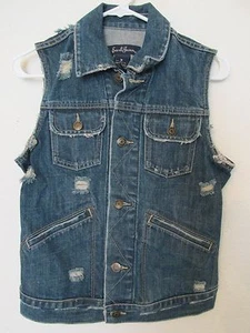 Women's Earl Jean Denim Distressed Ripped Blue Jean Button Down Vest Size Medium - Picture 1 of 4