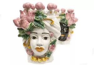 Coppia teste di moro re e regina con tulipani in ceramica di Caltagirone 30 cm - Imagen 1 de 4