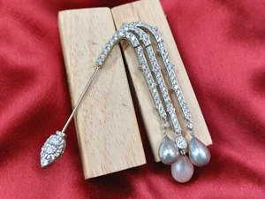Freshwater Pearl Drop Jabot Pin Brooch 925 Sterling Silver Real Statement Jewel - Picture 1 of 6